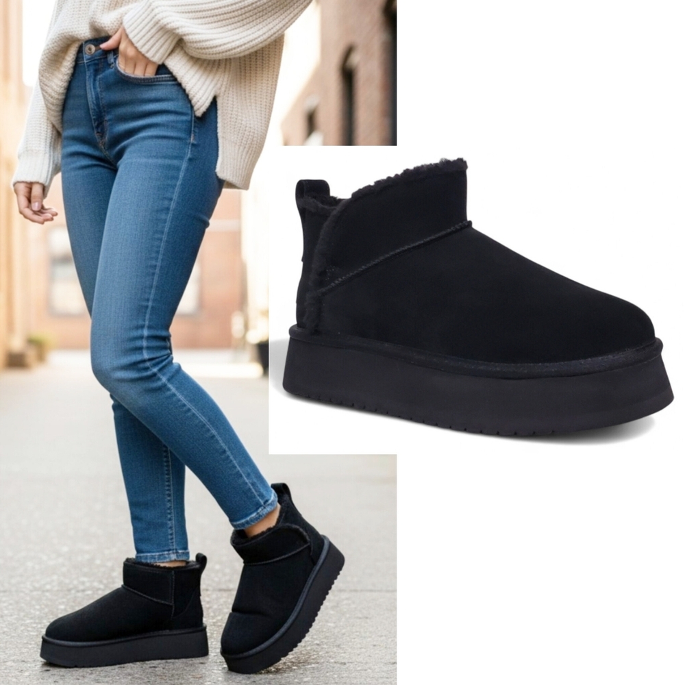 New Koolaburra Ugg koola ultra mini platform pull on ankle boots black suede fur